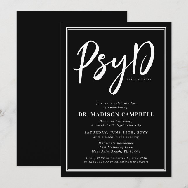 Invitación Médico PsyD Del Partido De Graduación De Psicologí (Anverso / Reverso)