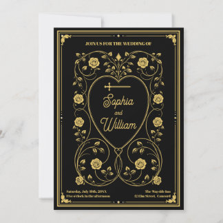 Invitación Medieval Boda Espada de Oro & Corazones Florales
