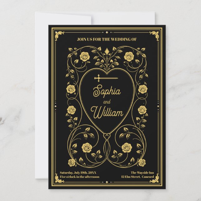 Invitación Medieval Boda Espada de Oro & Corazones Florales  (Anverso)