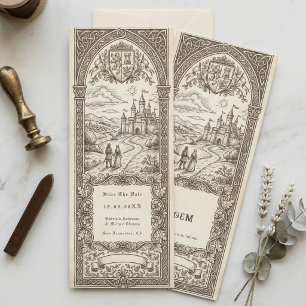 Invitación Medieval Crest Boda Marcador de Página Save The Da