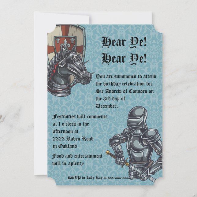 Invitación medieval del cumpleaños del caballero (Anverso)