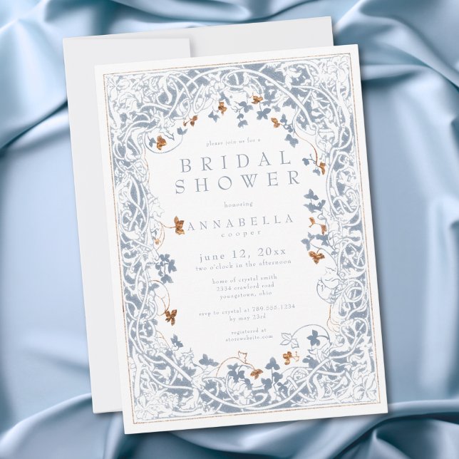 Invitación Medieval Fantasy Blue Gold Etching Bridal Shower (Medieval Fantasy Blue Gold Etching Bridal Shower Invitation)