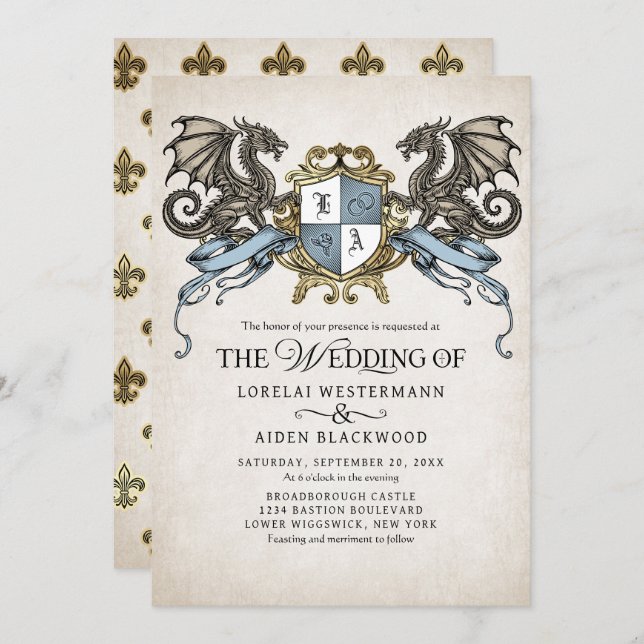 Invitación Medieval Fantasy Dragon Monogram Wedding (Anverso / Reverso)