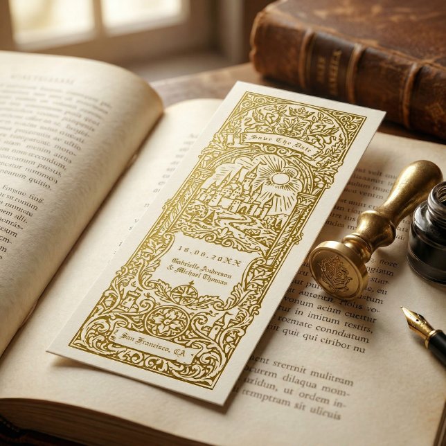 Invitación Medieval Gold Wedding Bookmark Save The Date (Subido por el creador)