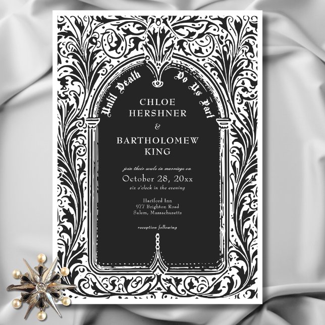 Invitación Medieval gótico blanco negro hasta Boda de muerte (Gothic Black White Medieval Until Death Wedding Invitation)
