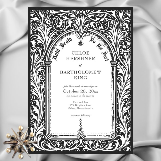 Invitación Medieval gótico blanco negro hasta Boda de muerte (Gothic Black White Medieval Until Death Wedding Invitation)