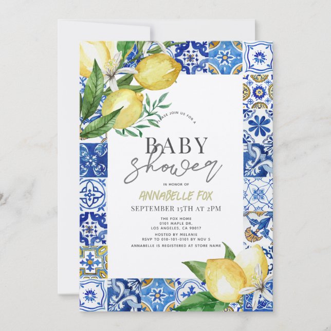 Invitación Mediterránea Blue Tile Citrus Lemon Baby Shower (Anverso)
