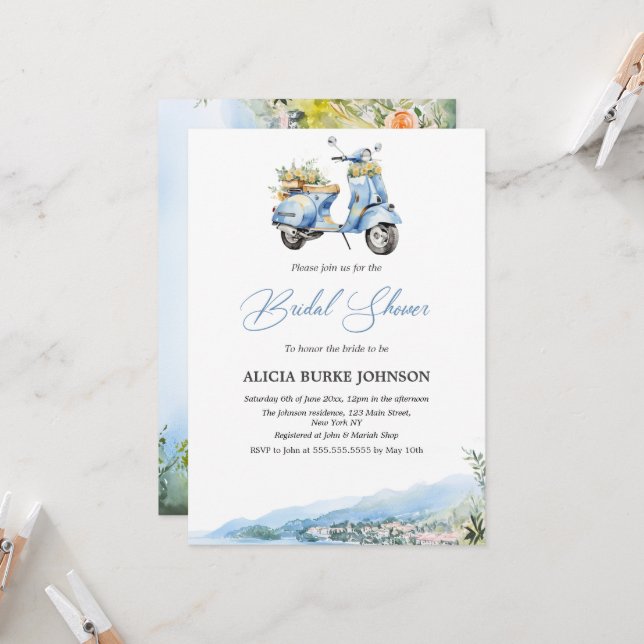 Invitación Mediterránea Italy Amalfi Vespa Bridal Shower (Anverso/Reverso In Situ)