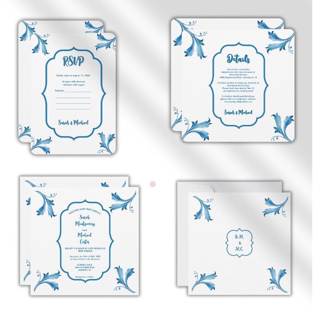 Invitación Mediterranean Blue Floral Tile Monogram (indigo blue,azulejo tile,portuguese tiles,blue tile pattern,classic tile art,vintage tile design,)