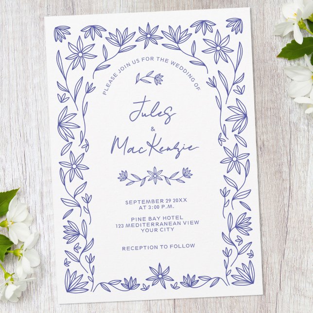 Invitación Mediterranean Blue Wildflower QR Code Wedding (Mediterranean floral blue and white QR code wedding invitaiton)