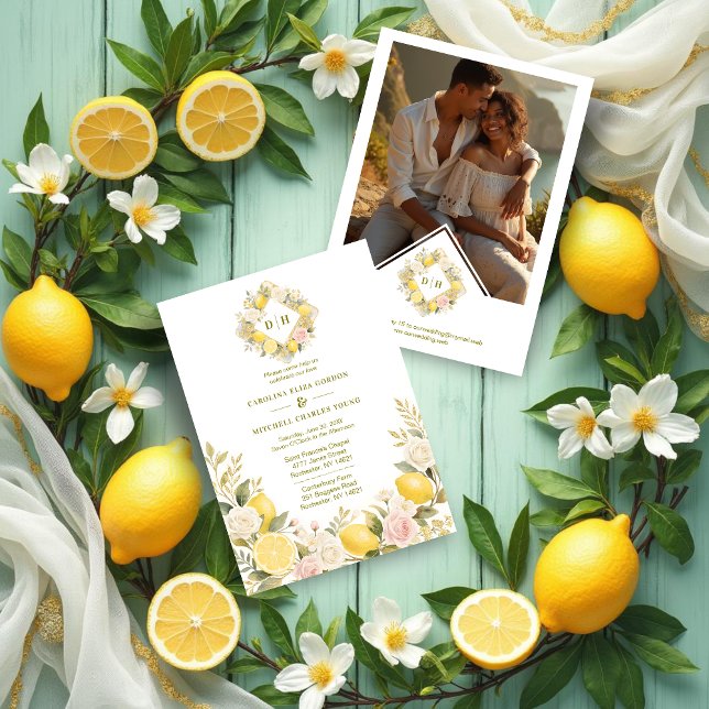 Invitación Mediterranean Flowers and Lemons Wedding Photo (Mediterranean Flowers and Lemons Wedding Initials Invitations Cards with Back Photo.)