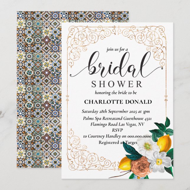 Invitación Mediterranean Italy Blue Tiles Bridal Shower  (Anverso / Reverso)