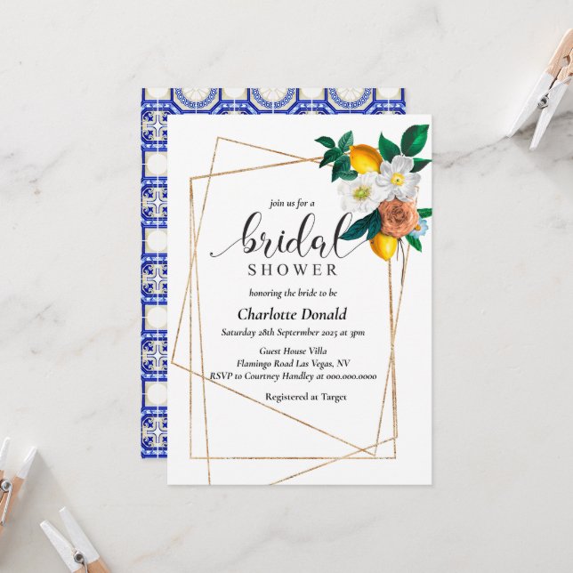 Invitación Mediterranean Italy Blue Tiles Bridal Shower  (Anverso/Reverso In Situ)