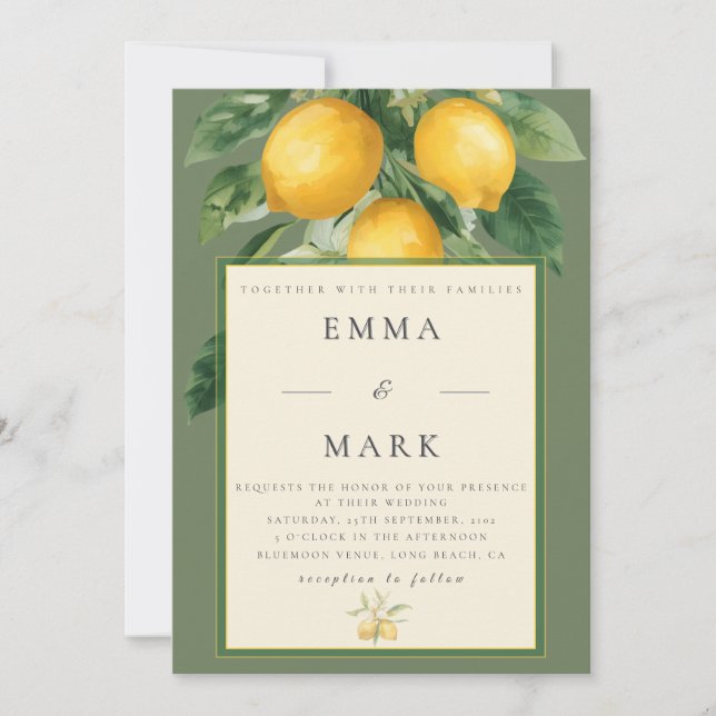 Invitación Mediterranean Lemon with QR Code | Olive Green (Anverso)