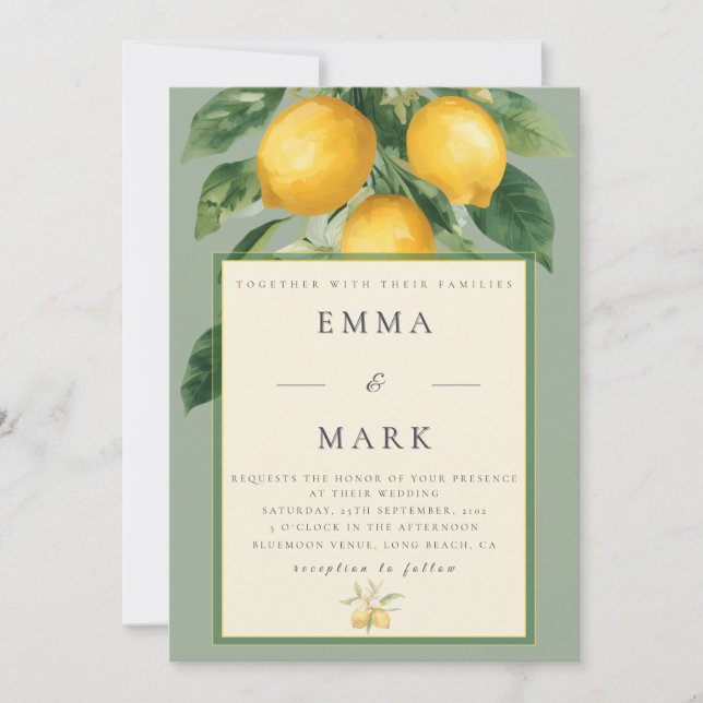 Invitación Mediterranean Lemon with QR Code | Soft Sage Green (Anverso)