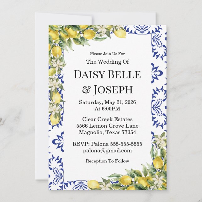 Invitación Mediterranean Lemons Blue Mosaic Tile Wedding (Anverso)