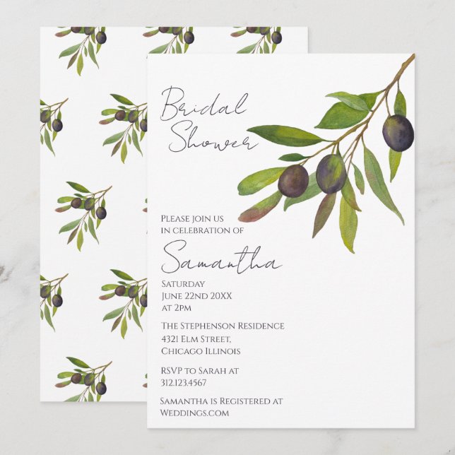 Invitación Mediterranean Minimal Olive Branch Bridal Shower   (Anverso / Reverso)