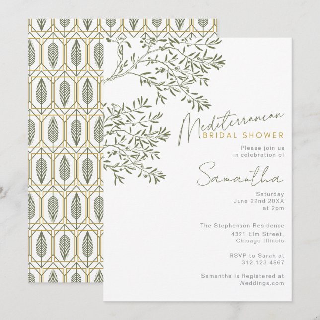 Invitación Mediterranean Olive Branch Bridal Shower (Anverso / Reverso)