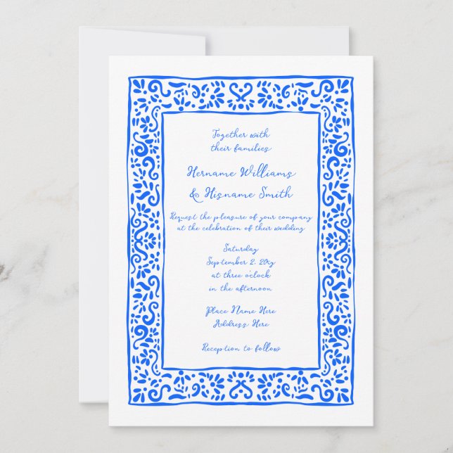 Invitación Mediterranean RSVP QR Hand Drawn Blue Wedding (Anverso)