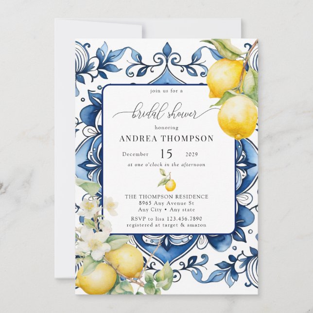 Invitación Mediterráneo | Citrus Lemon | Ducha de novia (Anverso)