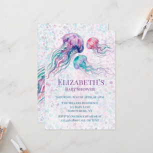 Invitación Medusas en Turquesa y Morado Shower de Niña Bebé