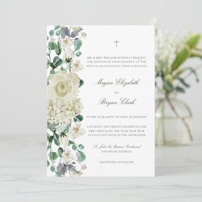 Invitación Megan Elegant Greenery Boda Católica Blanca (Anverso de pie)