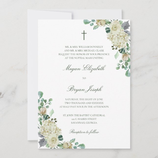 Invitación Megan Floral Watercolor Cruz Católica Boda (Anverso)
