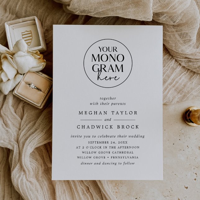 Invitación MEGHAN Elegante Escudo Monograma Boda blanco negro (MEGHAN Elegant Crest Monogram Black White Wedding Invitation)
