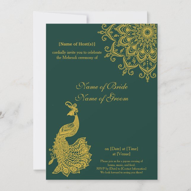 Invitación Mehendi indio de oro metálico de personalizable (Anverso)