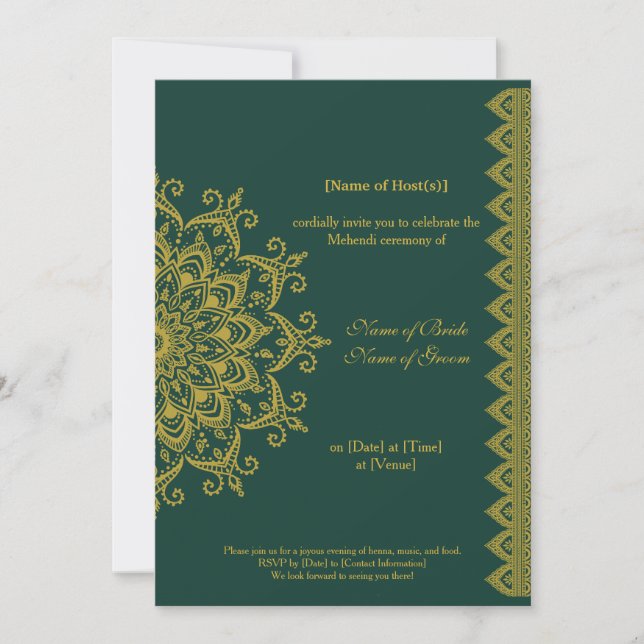 Invitación Mehendi indio de oro metálico de personalizable (Anverso)