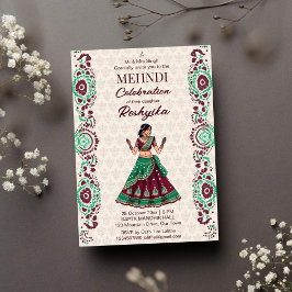 Invitación Mehndi boda indio linda novia borgoña verde