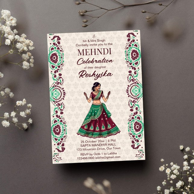 Invitación Mehndi boda indio linda novia borgoña verde (Mehndi Indian wedding template invitation instant download cute Indian bride henna party maroon)