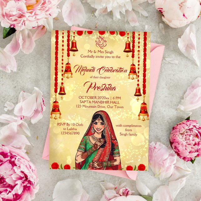 Invitación Mehndi boda indio rojo y oro (Mehndi Indian wedding template invitation gold and red carnation bell garlands Indian bride cartoon)