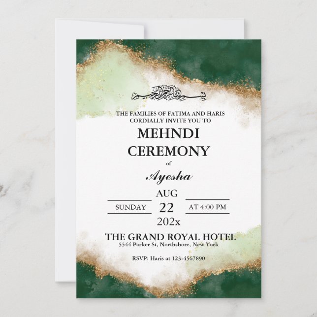 Invitación Mehndi, Boda islámico de la agonía del oro verde (Anverso)