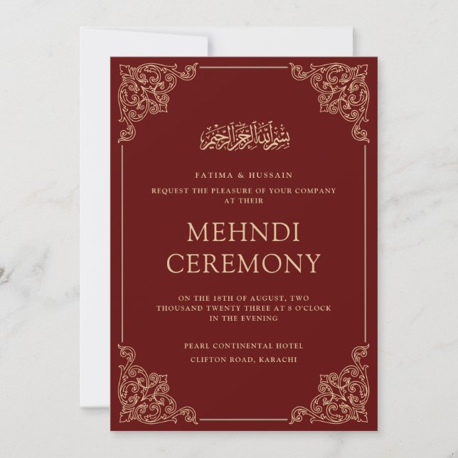 Invitación Mehndi Burgundy Boda Musulmana Roja (Anverso)