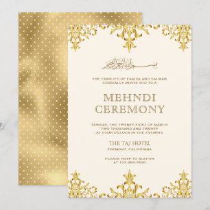 Invitación Mehndi de boda islámica con damasco de papel de or