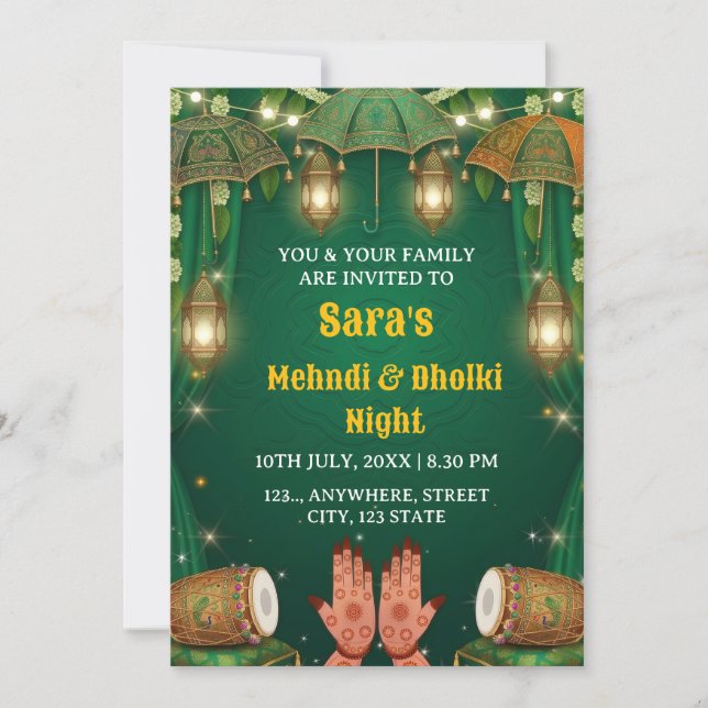 Invitación  Mehndi & Dholki Night Ceremony Invitation (Anverso)