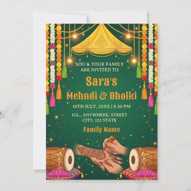Invitación Mehndi & Dholki Night Invitation Template (Anverso)