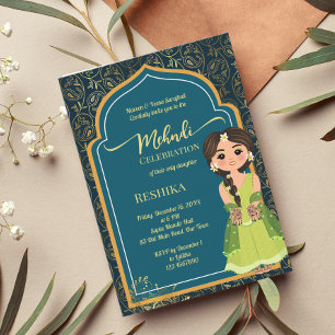 Invitación Mehndi estampado indio de color verde turquesa y n