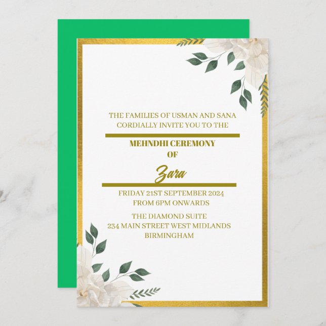 Invitación Mehndi floral de oro y verde a medida (Anverso / Reverso)