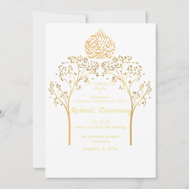 Invitación Mehndi Floral elegante boda musulmán BLANCO (Anverso)