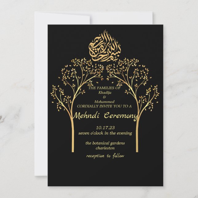 Invitación Mehndi Floral elegante boda musulmán NEGRO (Anverso)