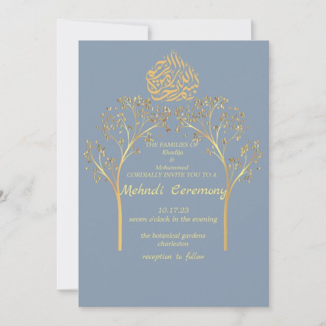 Invitación Mehndi Floral elegante DUSTY boda musulmán AZUL (Anverso)