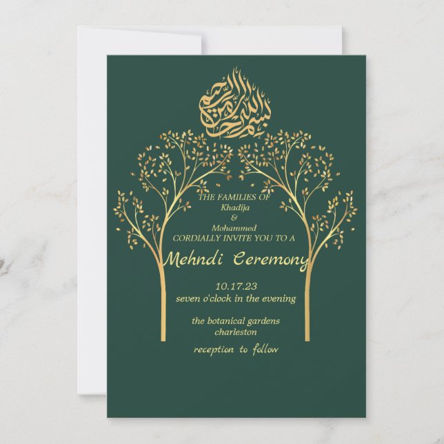 Invitación Mehndi Floral elegante EMERALDGREEN boda musulmán (Anverso)