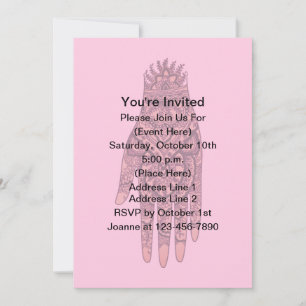 Invitación Mehndi Hand Tattoo Art Fiesta de diseño rosa