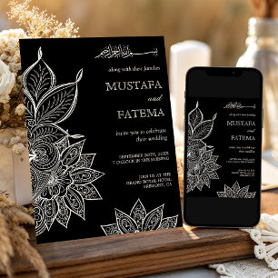 Invitación Mehndi Henna Musulmana de Boda Vintage Negro Crema