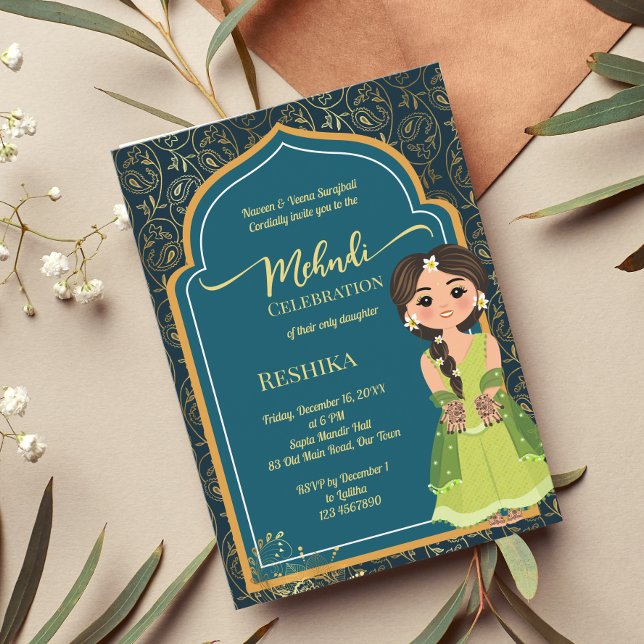 Invitación Mehndi Indian paisley verde azulado verde linda no (Subido por el creador)