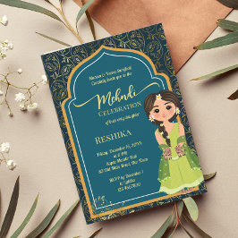 Invitación Mehndi indio de color verde azulado pastel estampa