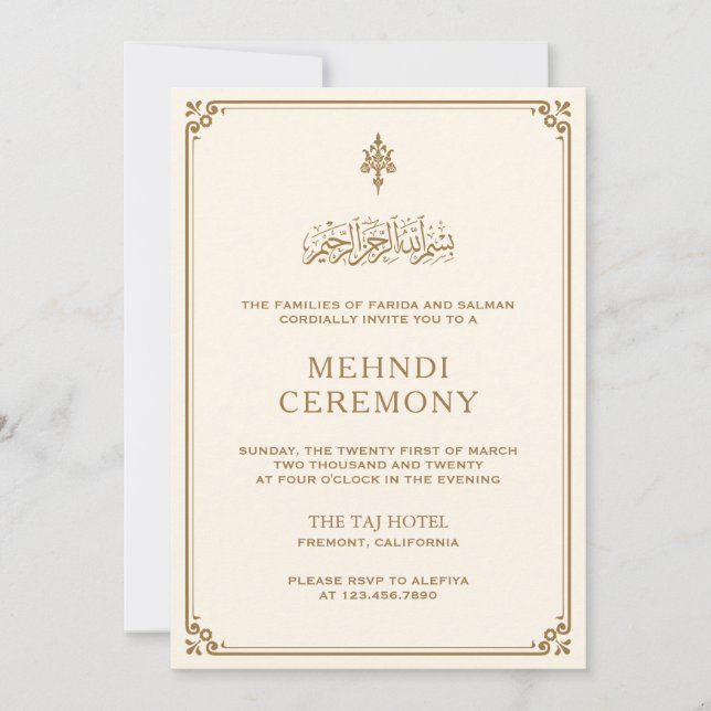 Invitación Mehndi islámico de la frontera de oro tradicional  (Anverso)