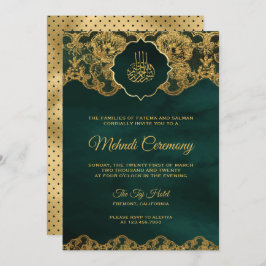 Invitación Mehndi islámico del Relieve metalizado dorado verd